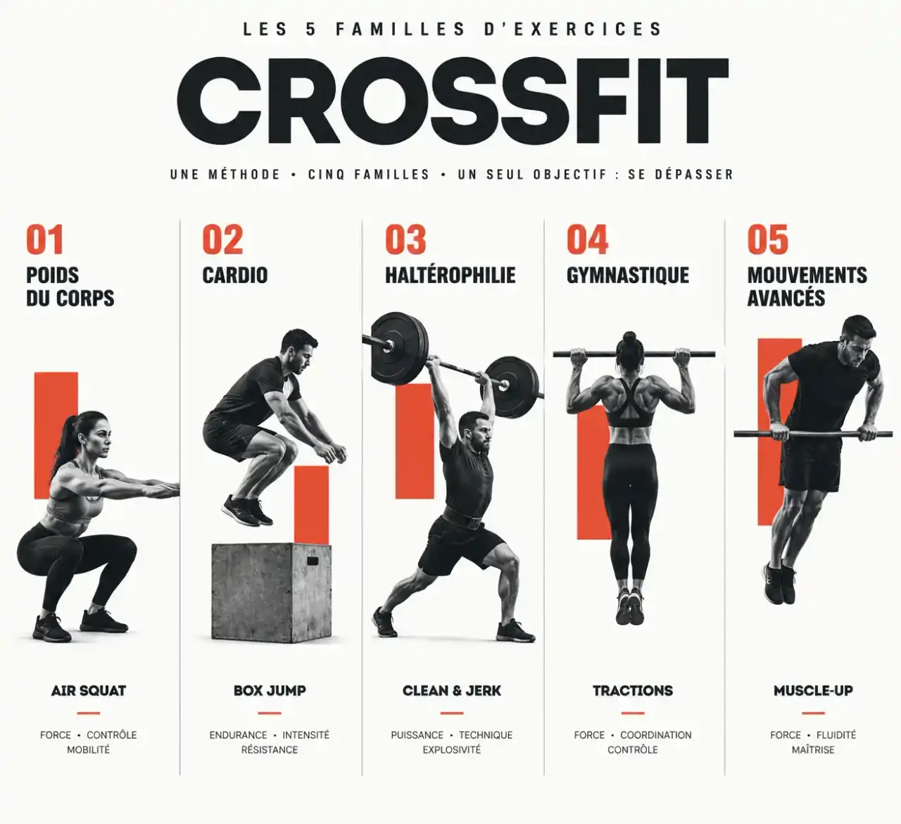 Les cinq familles d'exercices de CrossFit : poids du corps, cardio, haltérophilie, gymnastique et mouvements avancés