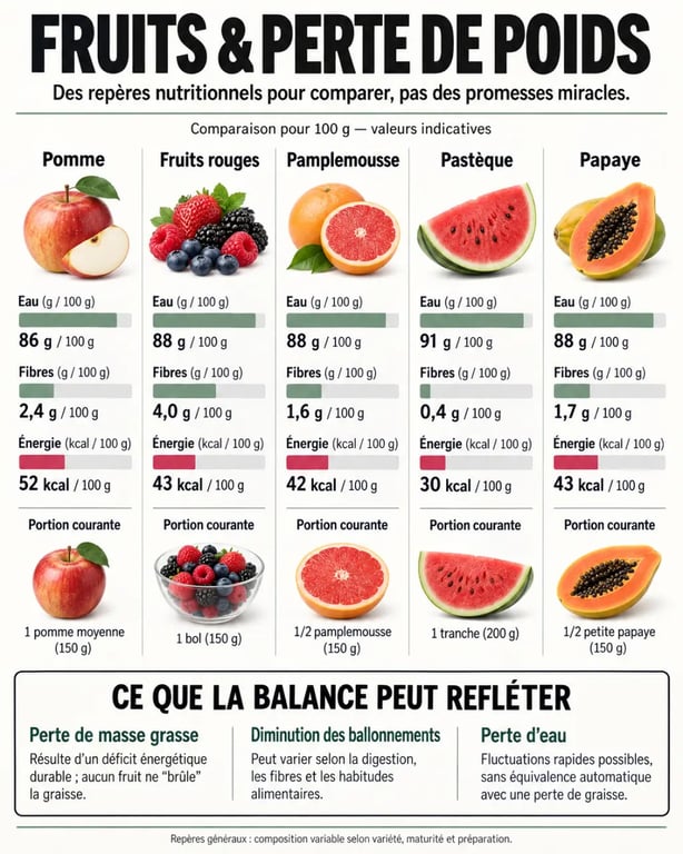 Infographie sur les fruits pour maigrir, leurs fibres, leur teneur en eau et leurs portions