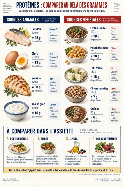 Infographie sur les sources de protéines animales et végétales et leurs portions