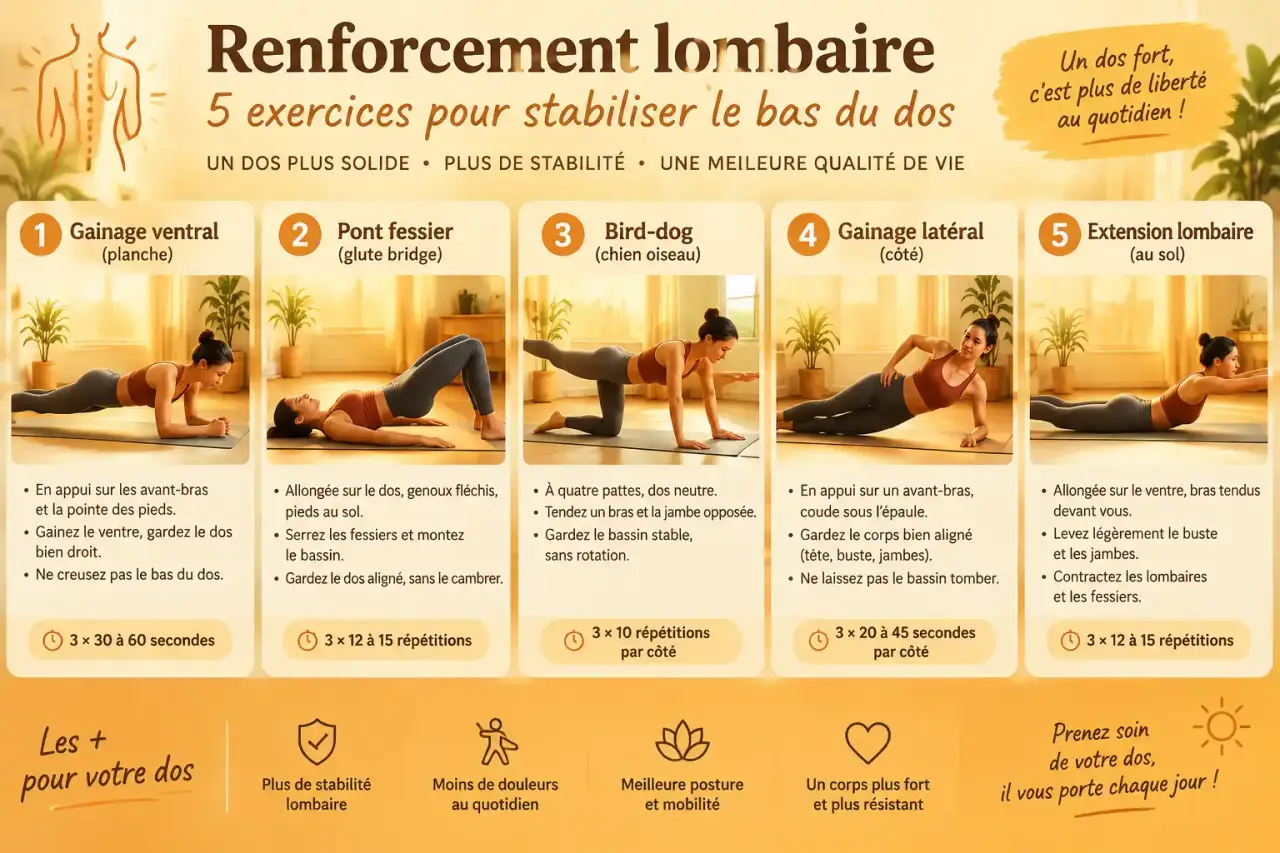 Renforcement lombaire : 5 exercices pour stabiliser le bas du dos