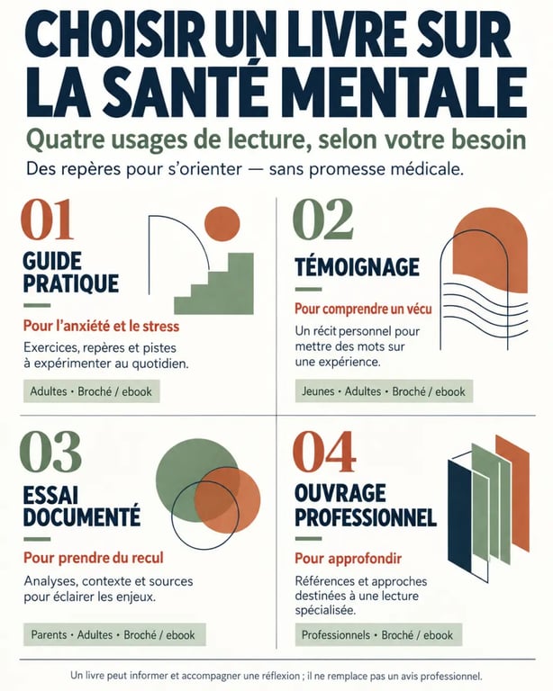 Infographie des types de livre santé mentale selon le besoin, le public et le format
