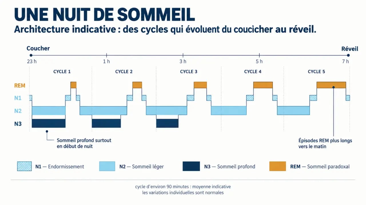 Infographie du calcul cycle sommeil et des phases N1 N2 N3 et REM au cours d'une nuit