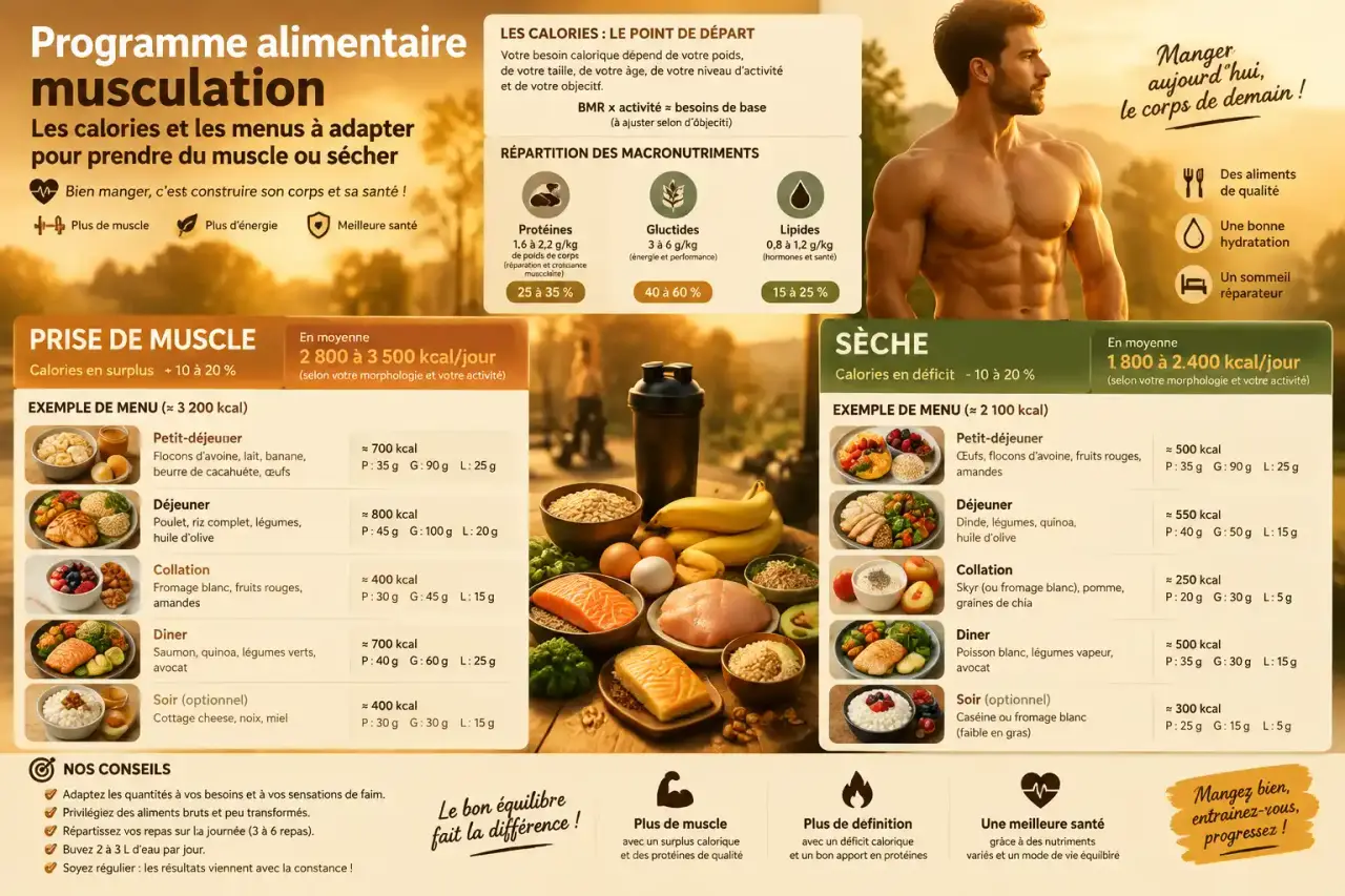 Programme alimentaire musculation : les calories et les menus à adapter pour prendre du muscle ou sécher