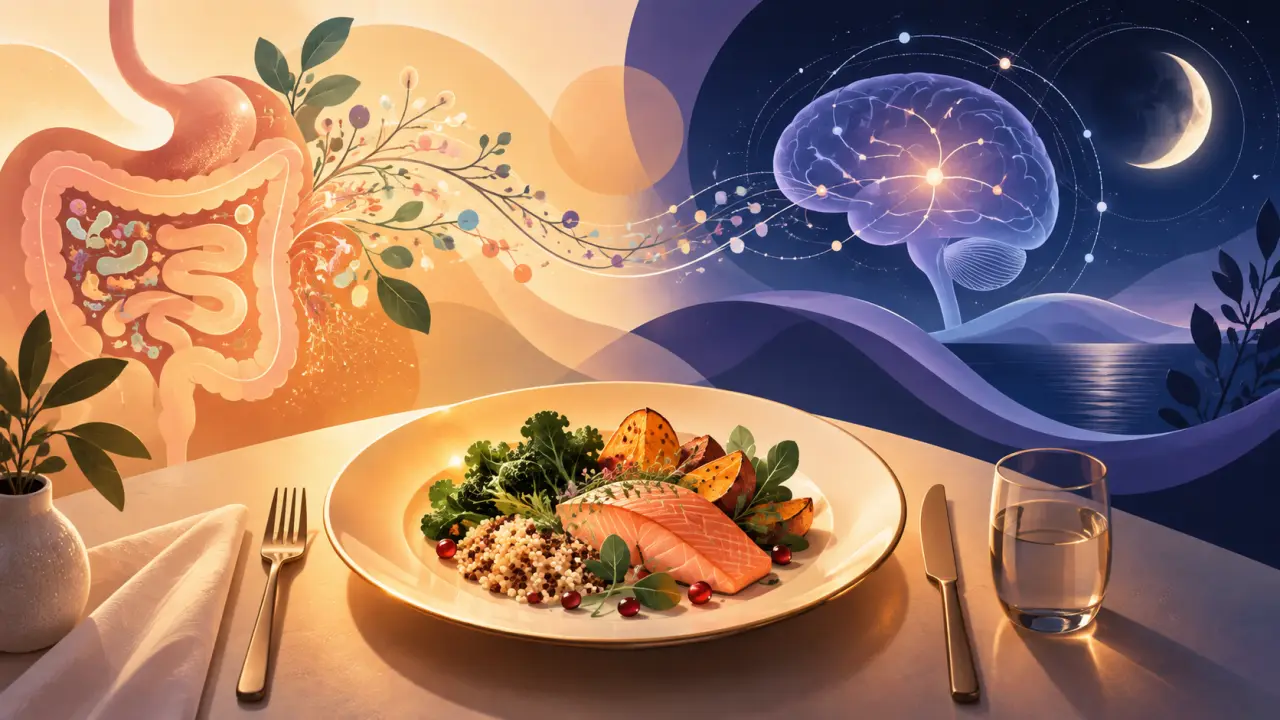 Composition abstraite évoquant le lien entre microbiote, alimentation et sommeil