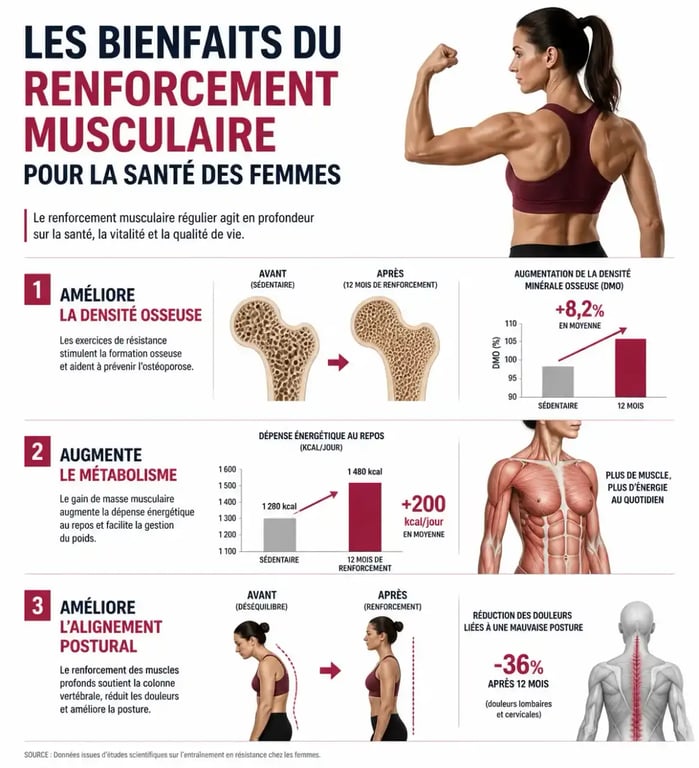 Infographie sur les bienfaits santé du renforcement musculaire femme
