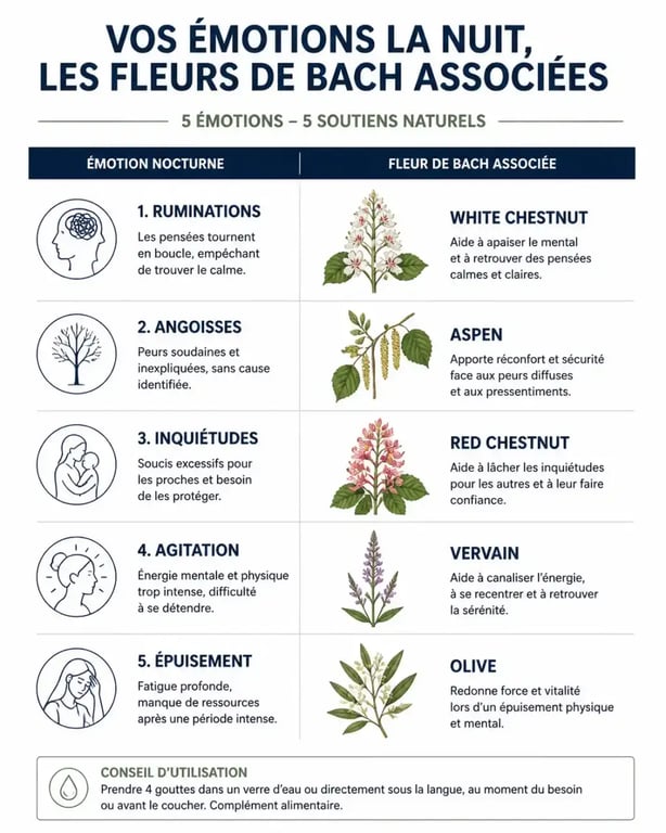 Infographie des fleurs de Bach pour le sommeil : correspondance entre émotions et élixirs