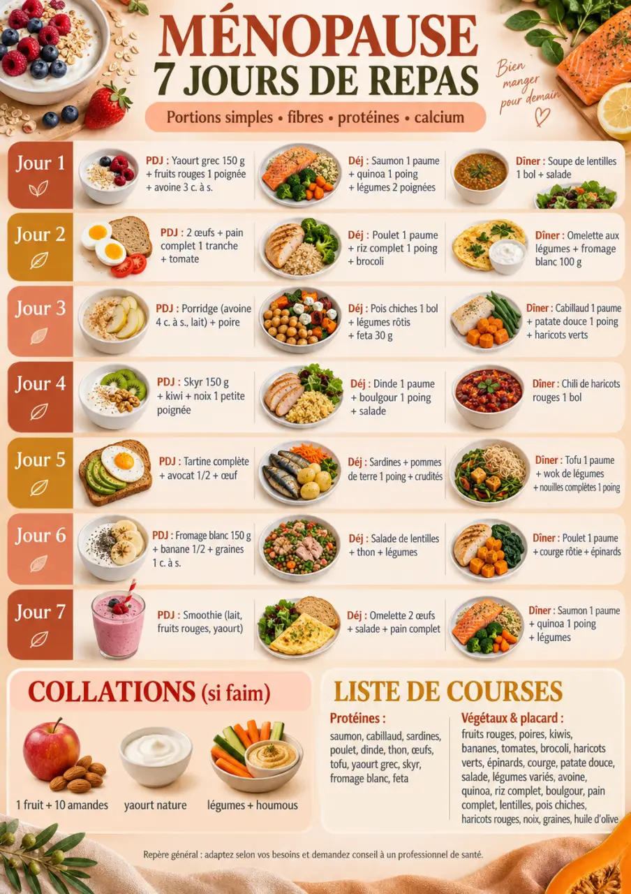 Régime ménopause : 7 jours de repas, des portions simples et une liste de courses en PDF
