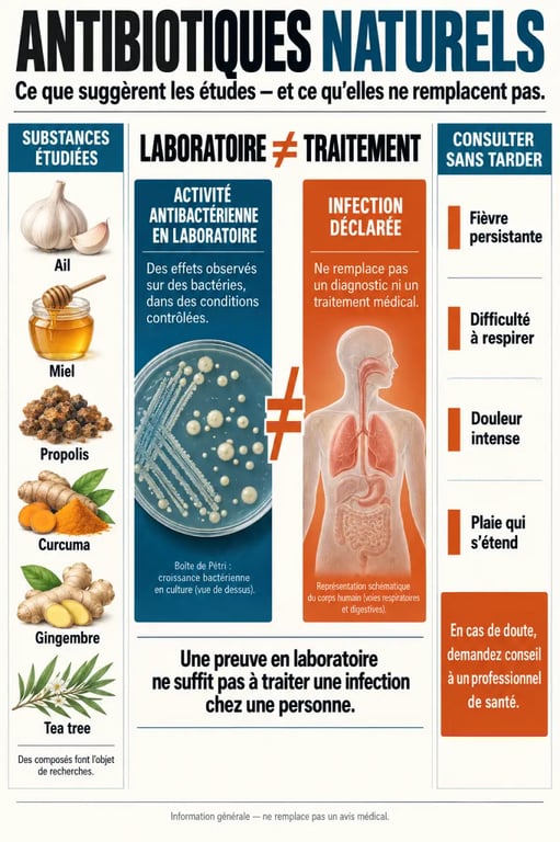 Infographie sur les antibiotique naturels, leurs limites et les signes nécessitant une consultation médicale
