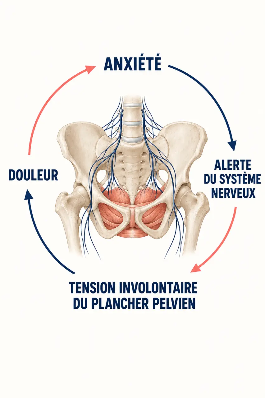 Infographie sur le lien entre anxiete et douleurs pelviennes et le rôle de la tension du plancher pelvien