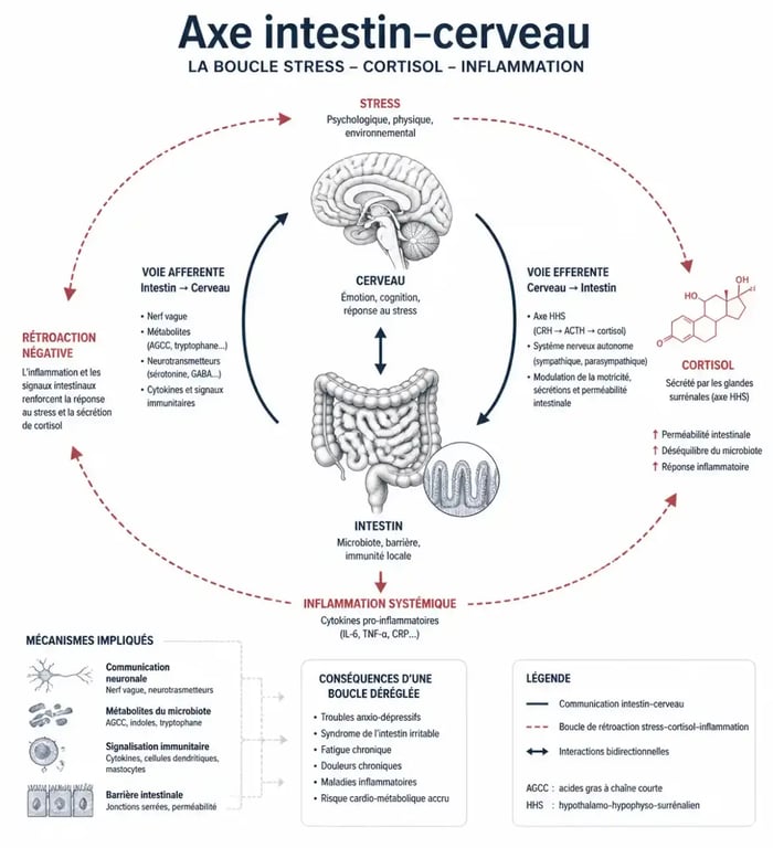 Schéma illustrant le lien entre santé physique et mentale et l'axe intestin-cerveau