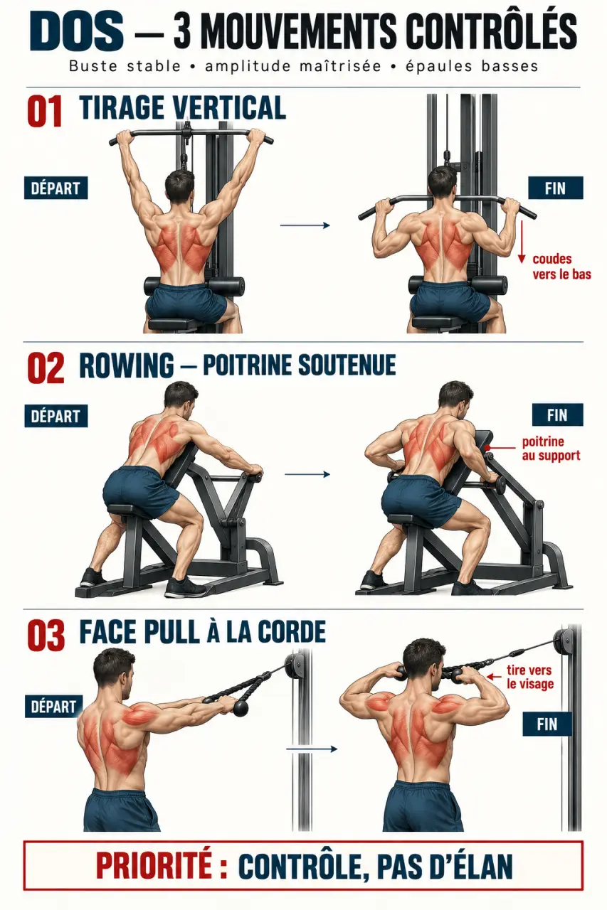 Exercices dos salle de sport : tirage vertical, rowing avec poitrine soutenue et face pull