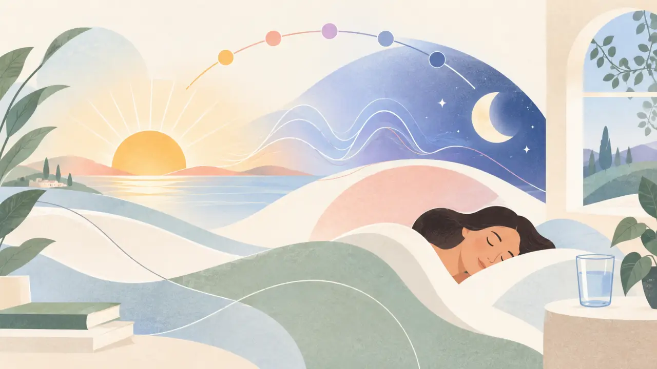 Illustration abstraite d'un cycle de sommeil aux teintes lavande, pêche et vert menthe