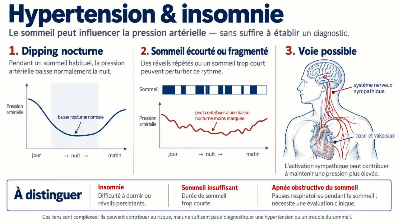 Infographie sur le lien entre hypertension insomnie, dipping nocturne et apnée du sommeil