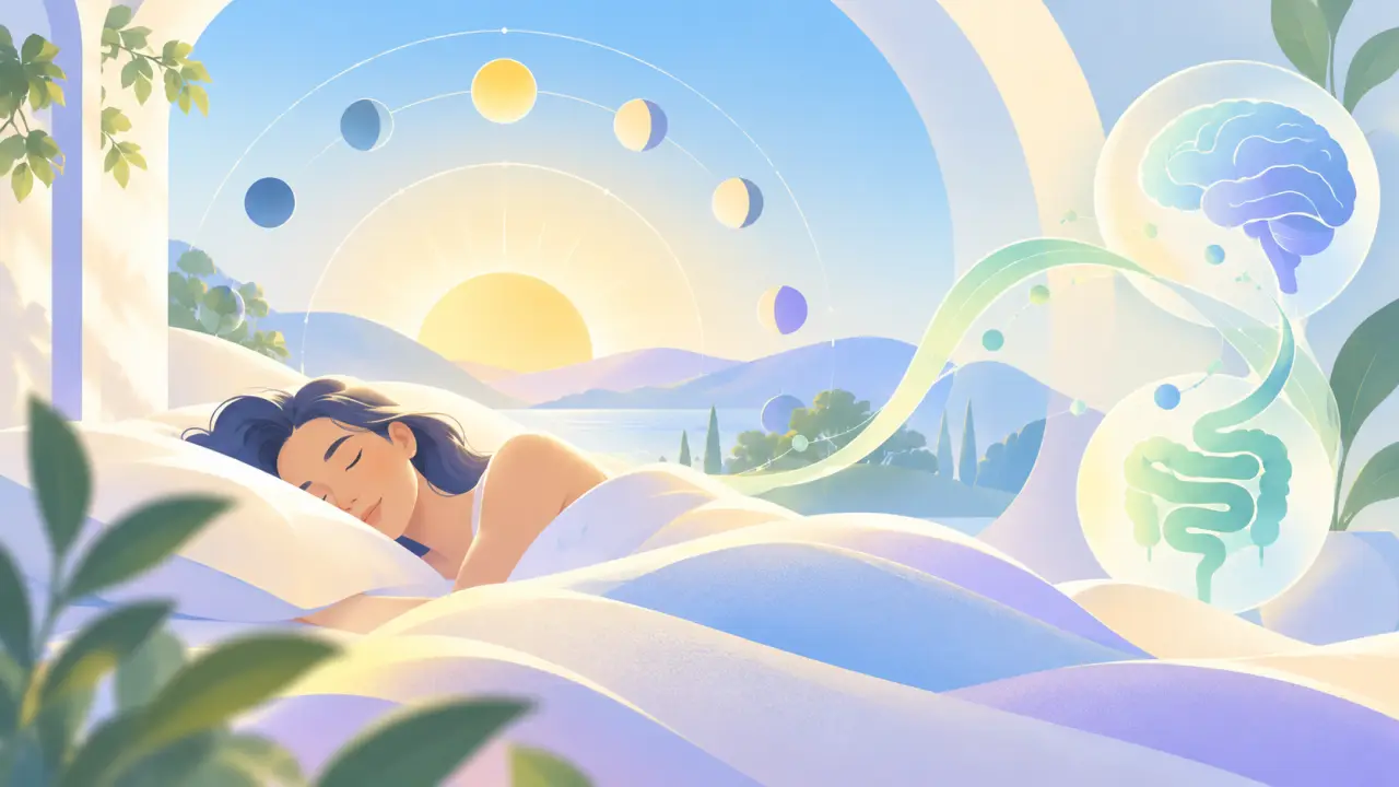 Composition abstraite évoquant les cycles du sommeil et une récupération apaisée