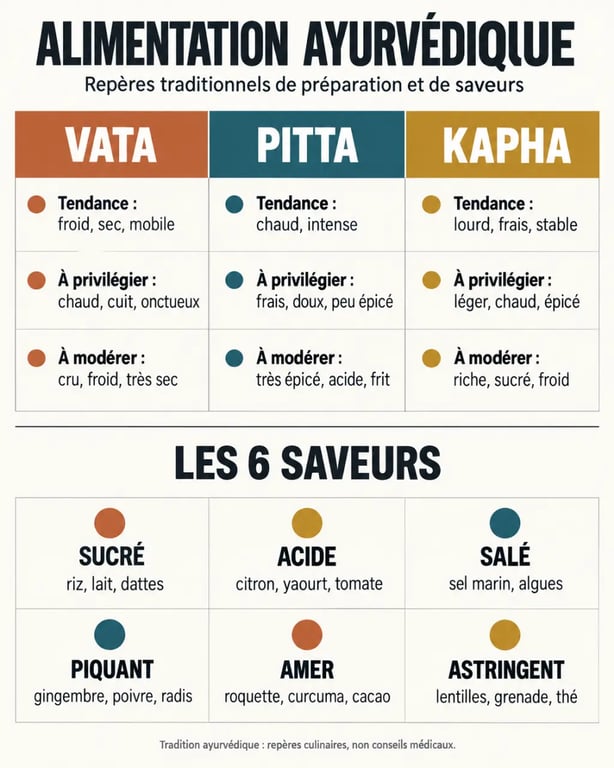 Infographie de l’alimentation ayurvédique présentant les doshas Vata Pitta Kapha et les six saveurs