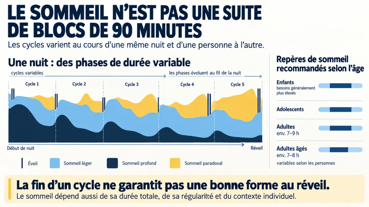 Infographie du calculateur sommeil sur la variabilité des cycles et les durées recommandées selon l'âge