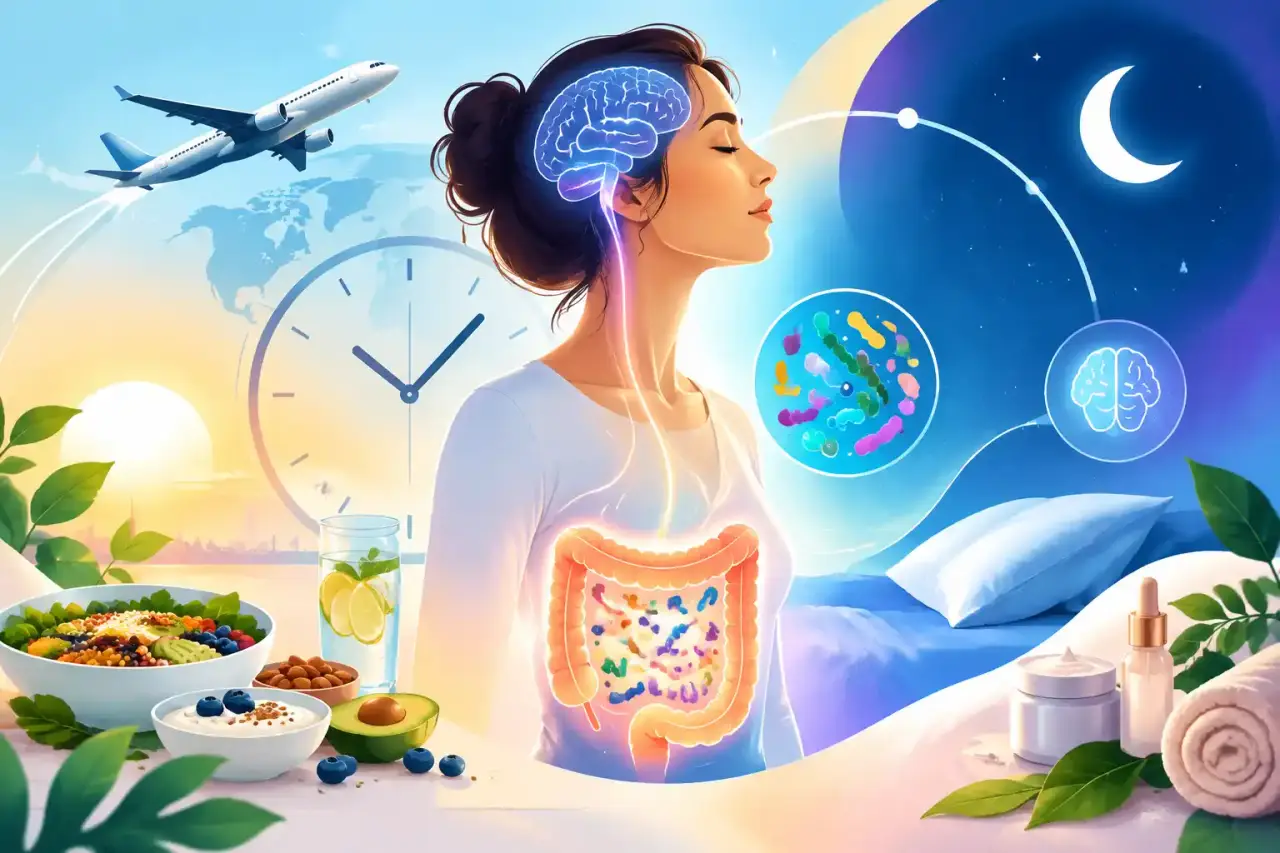 Illustration abstraite évoquant les rythmes biologiques et le microbiote sous forme de vagues douces et de cellules lumineuses