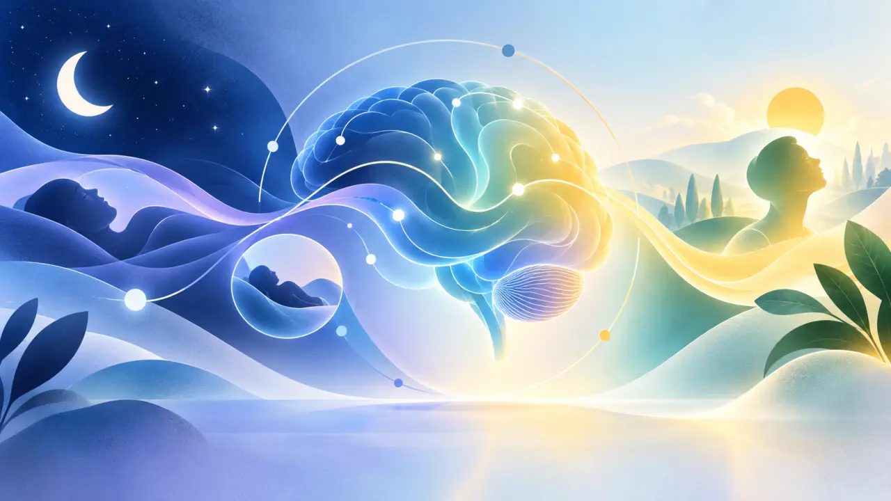Composition abstraite évoquant les cycles du sommeil et la récupération du cerveau