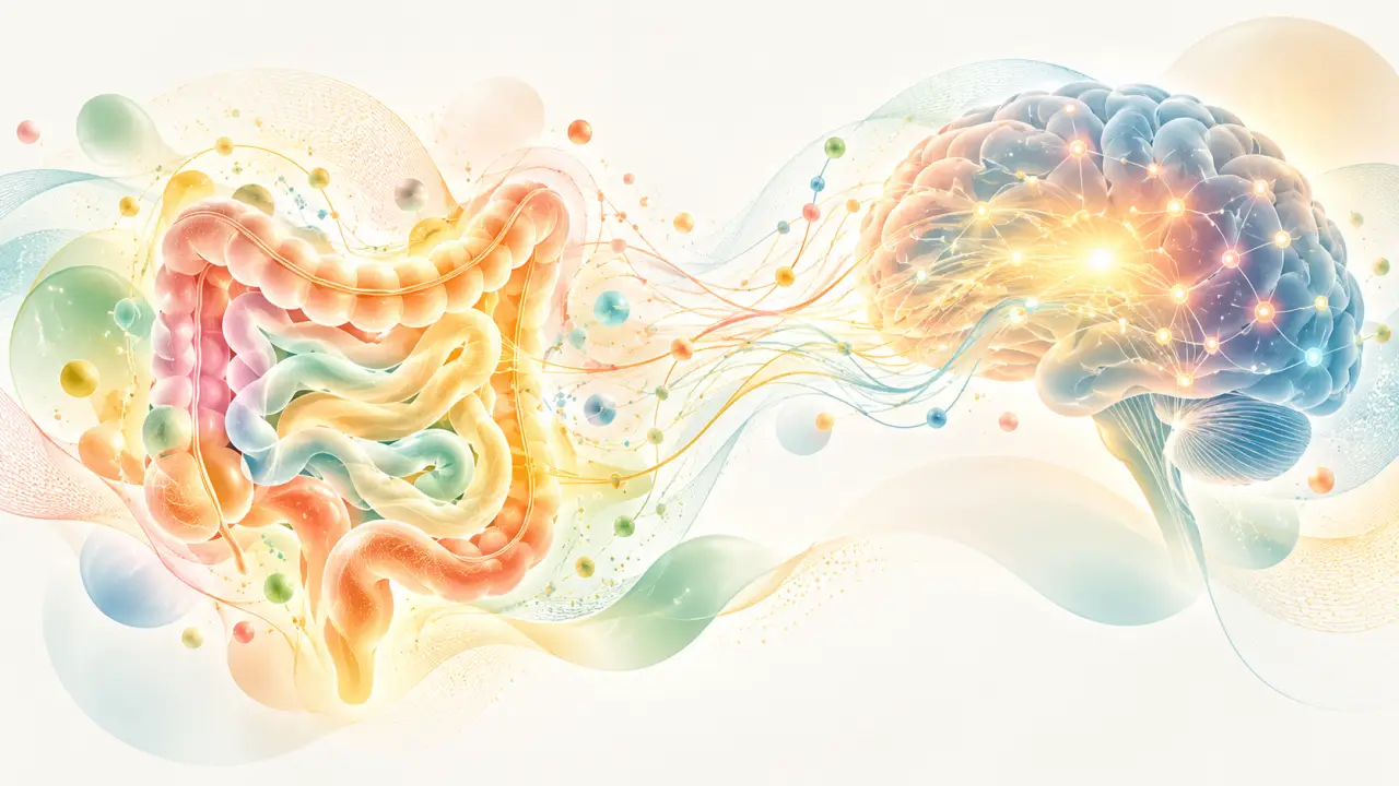 Illustration abstraite de l’axe entre le microbiote intestinal et le cerveau