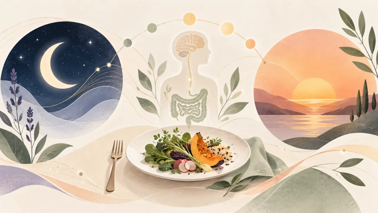 Table du soir baignée d'une lumière douce, évoquant un dîner pris tôt et une préparation au sommeil