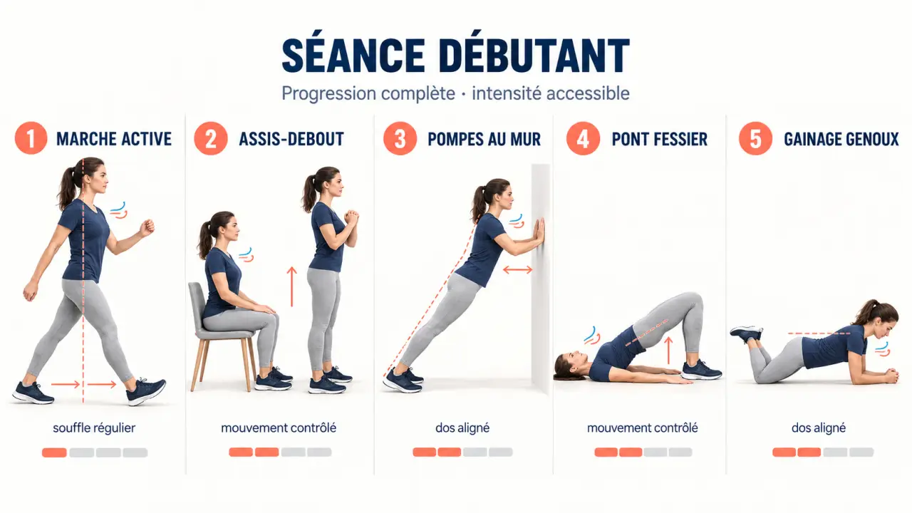 Séquence d’entraînement physique avec échauffement, renforcement musculaire et gainage pour débutant