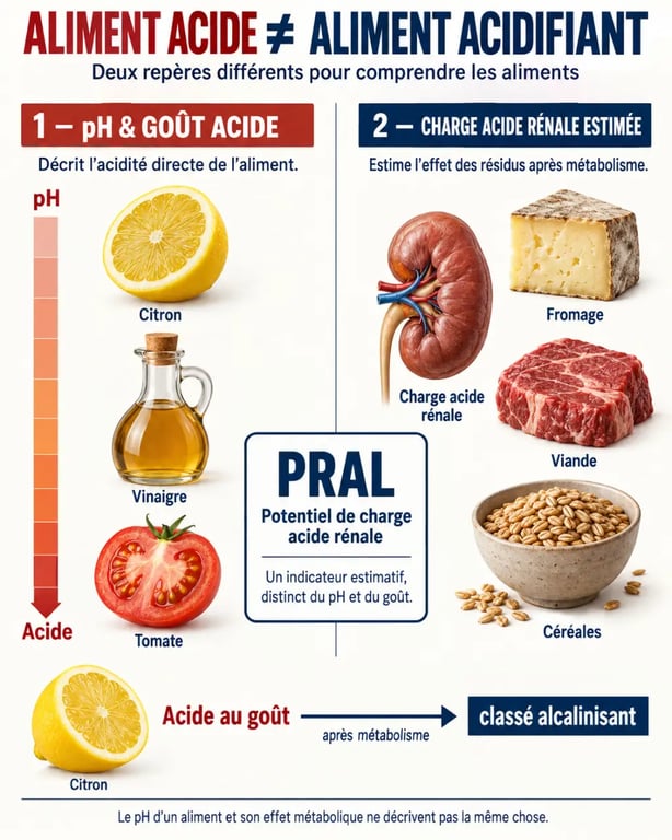 Infographie sur l’aliment acide, l’aliment acidifiant, le pH et le PRAL